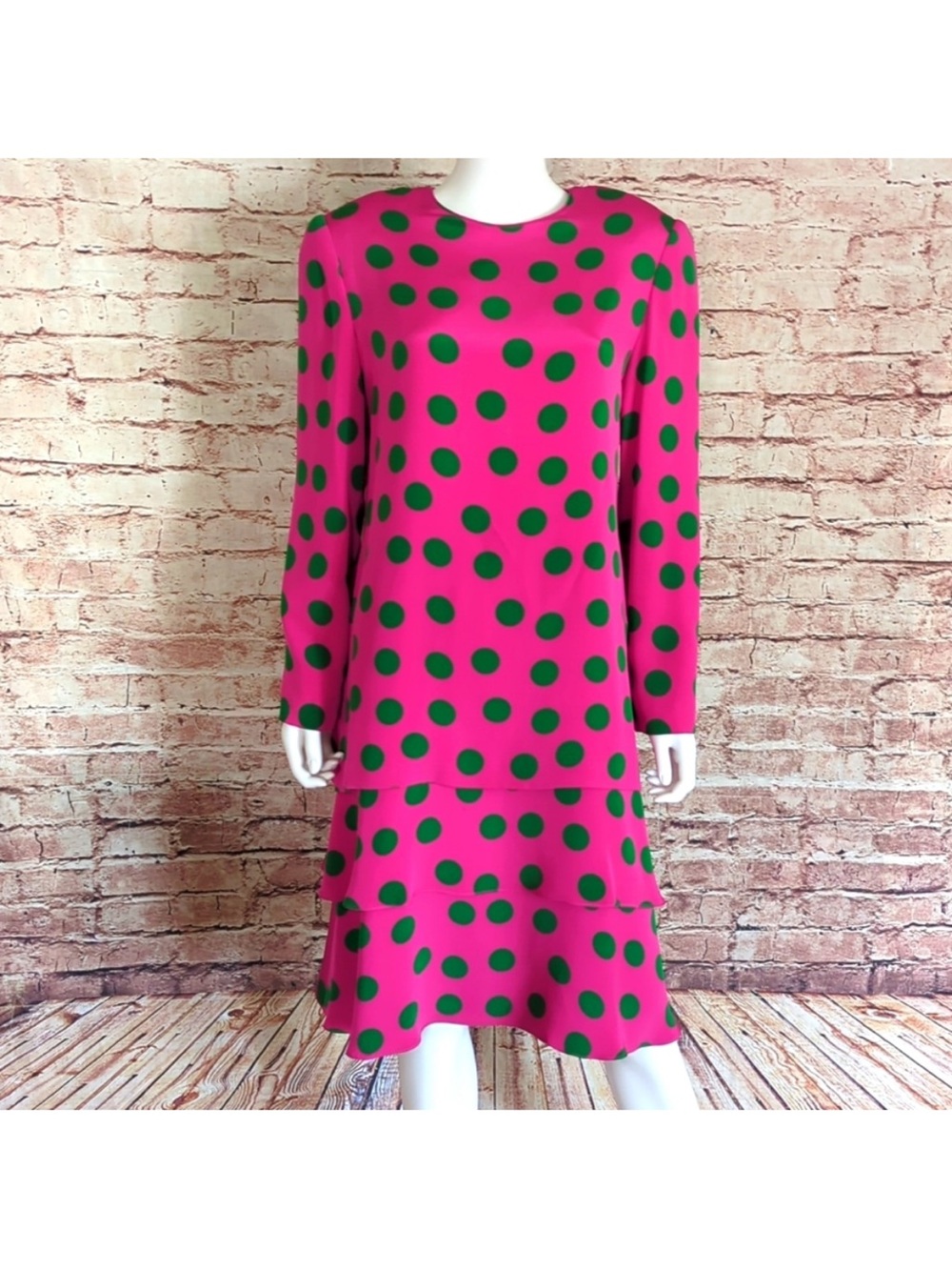 David Hayes - Saks Fifth Avenue. Pink & Green Polka Dot Long-Sleeve Dress